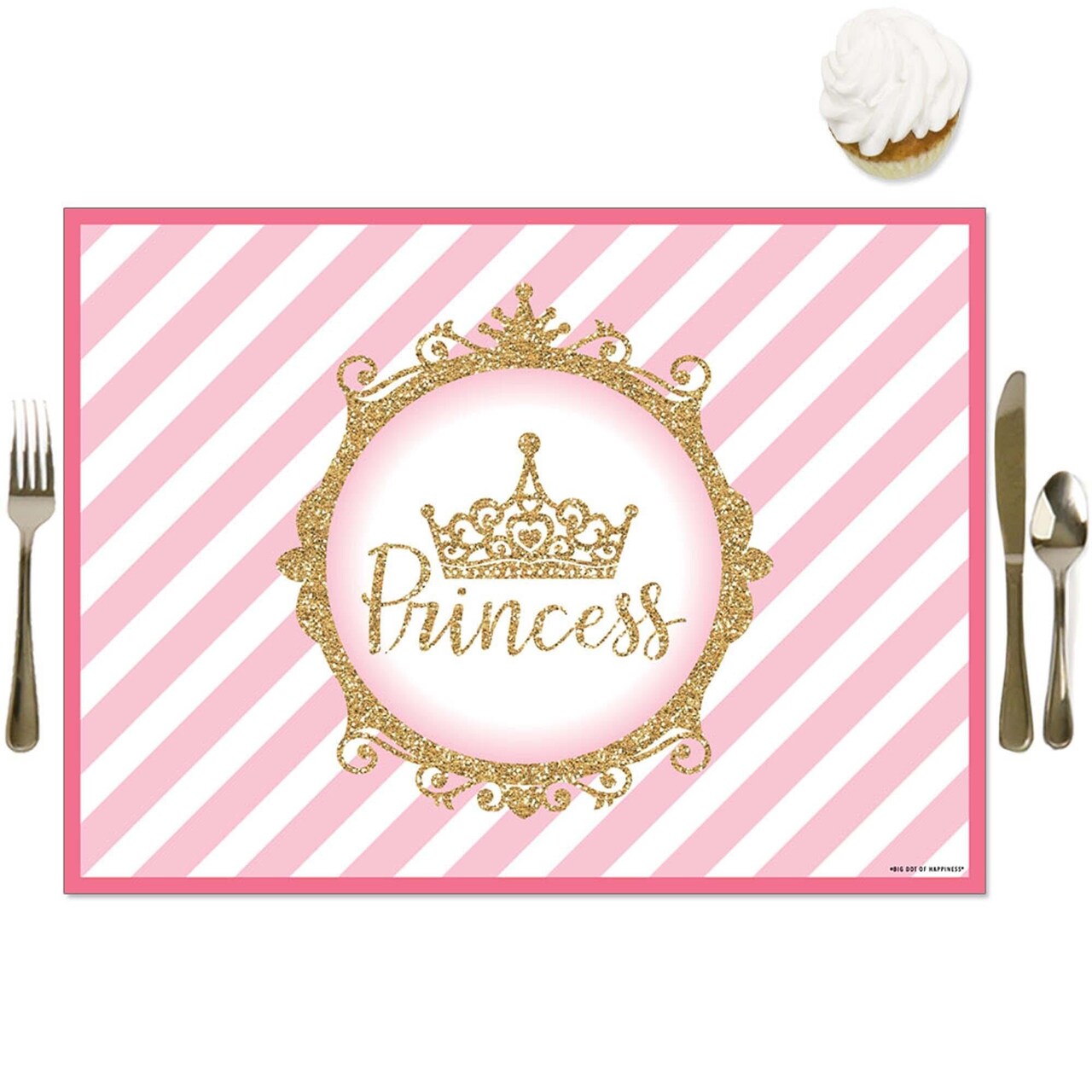 Big Dot of Happiness Little Princess Crown - Party Table Decorations - Pink and Gold Princess Baby Shower or Birthday Party Placemats - Set of 16